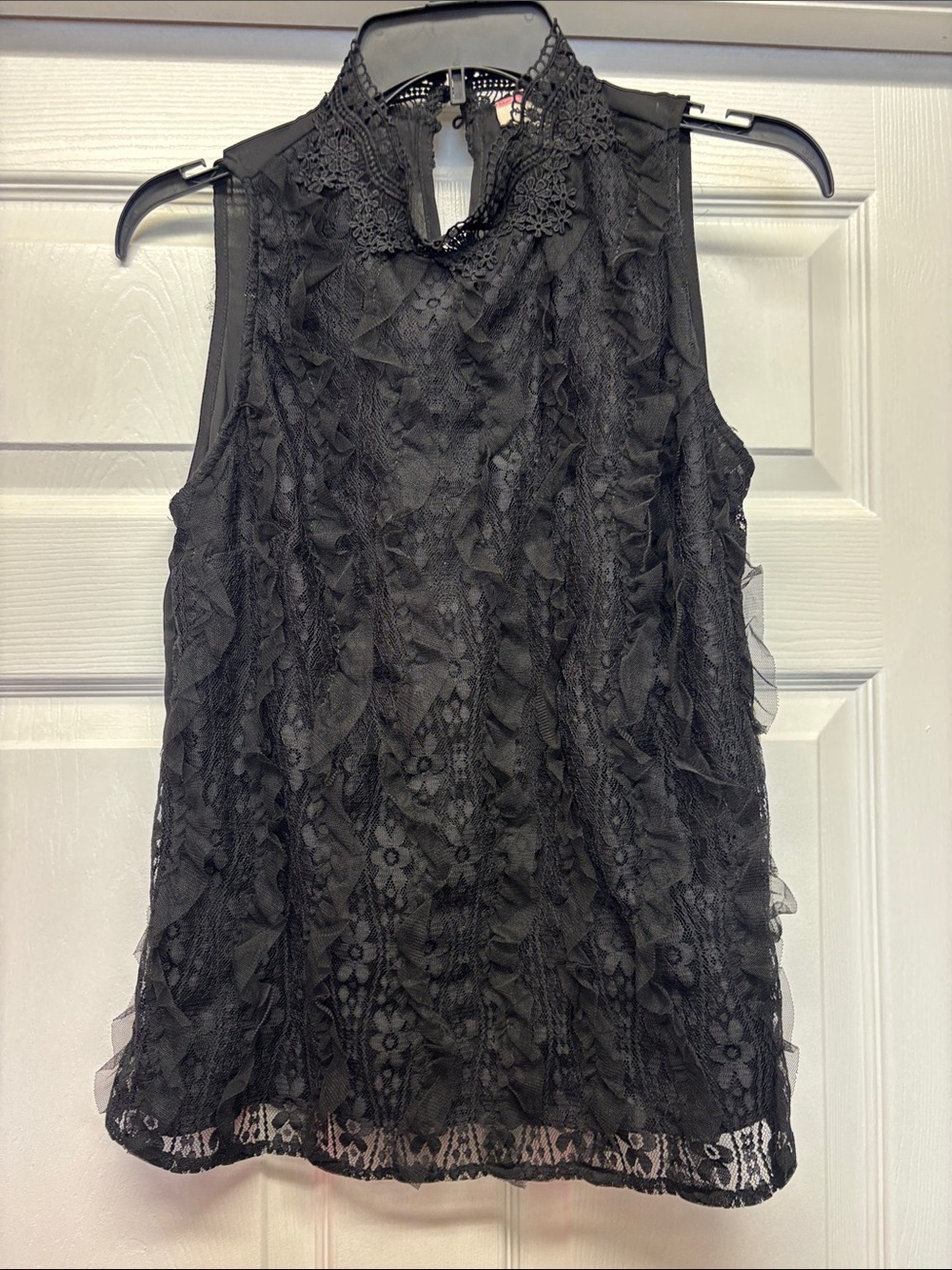 Andree Women's Black Lace Ruffled Sleeveless Top Crocheted Lace on Neck Small